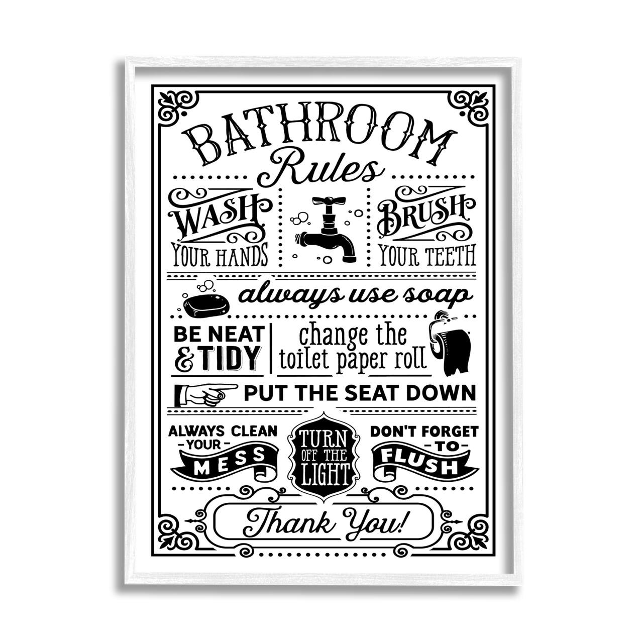 Stupell Industries Vintage Style Bathroom Rules Diagram List Border Framed Giclee Art